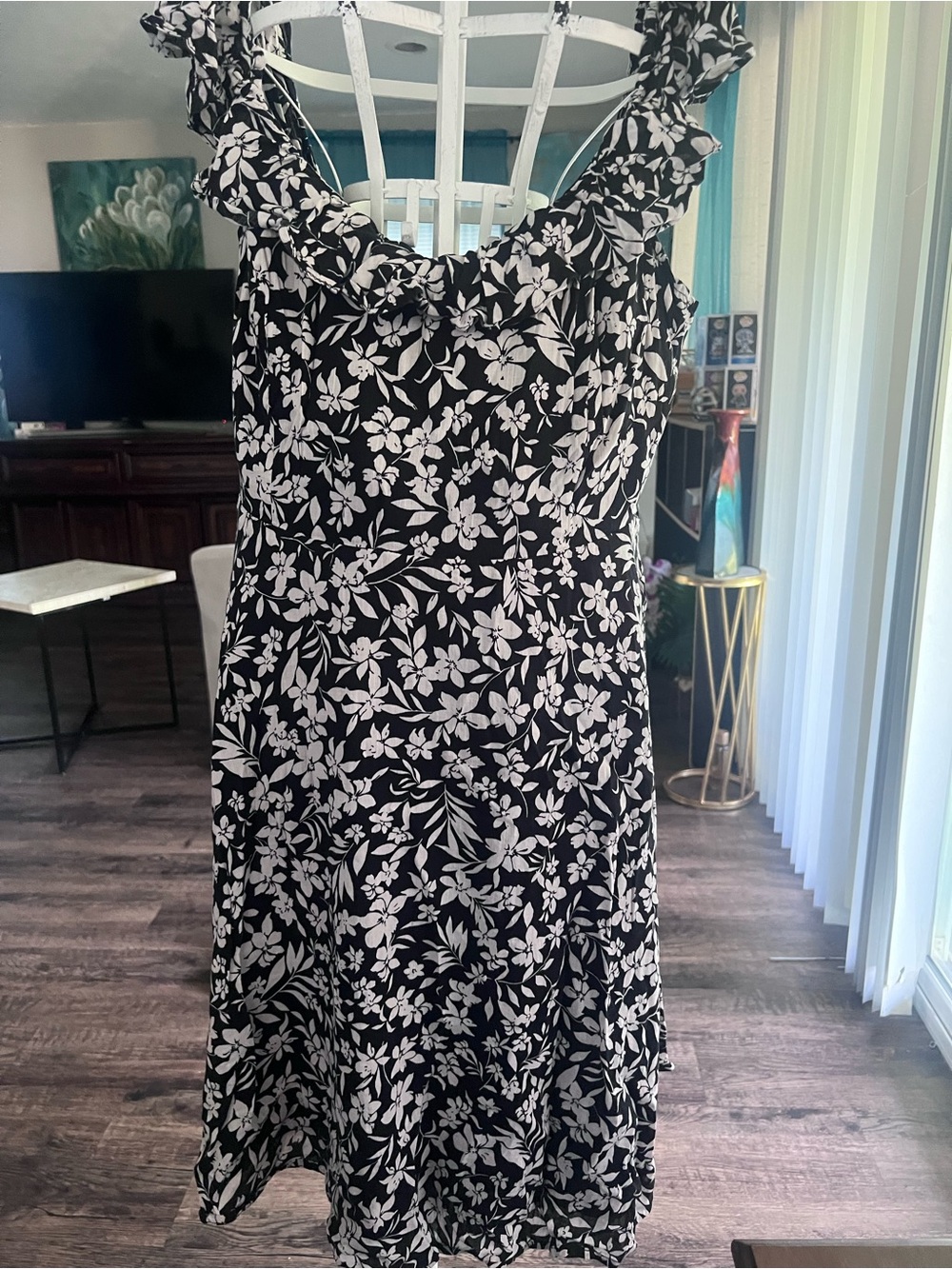 Old Navy Black and White Floral Ruffle-Trim Midi Dress